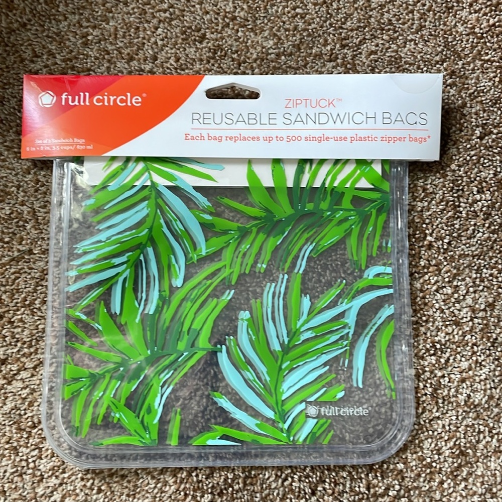 Full Circle ZipTuck Reusable Sandwich Bags Flat 8"x8" Leaf Fern Pattern …